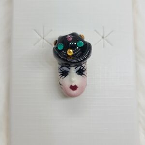 Vintage Fancy Faces Brooch Pin Handpainted Porcelain Mask with Rhinestones